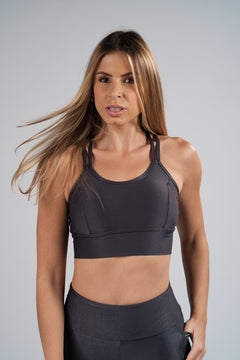 Cropped Sofia Canelado com Brilho Cinza Chumbo