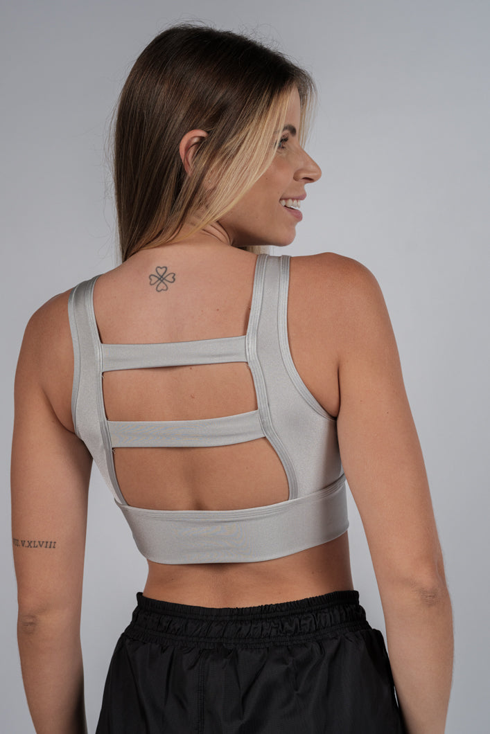 Cropped Fitness Tiras Paralelas Prateado