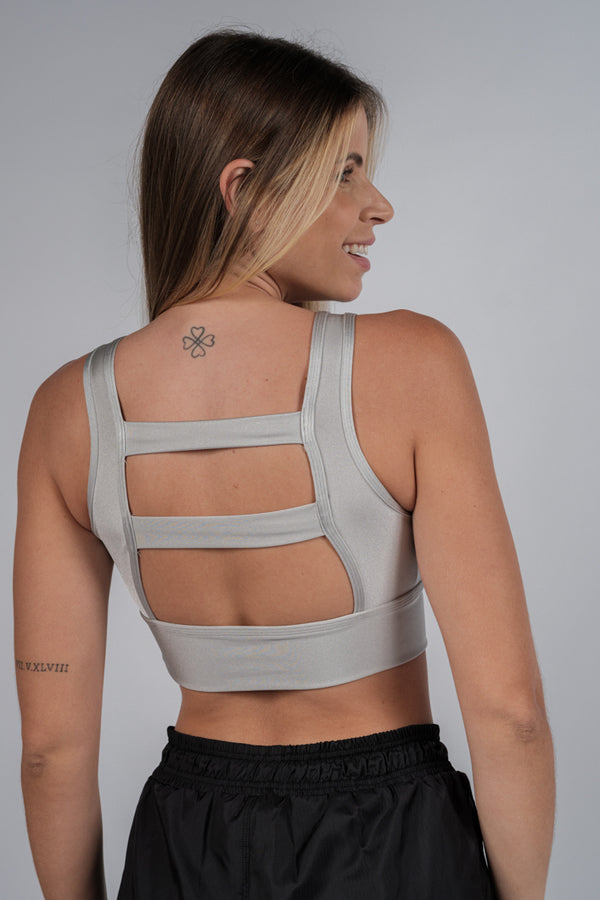 Cropped Fitness Tiras Paralelas Prateado