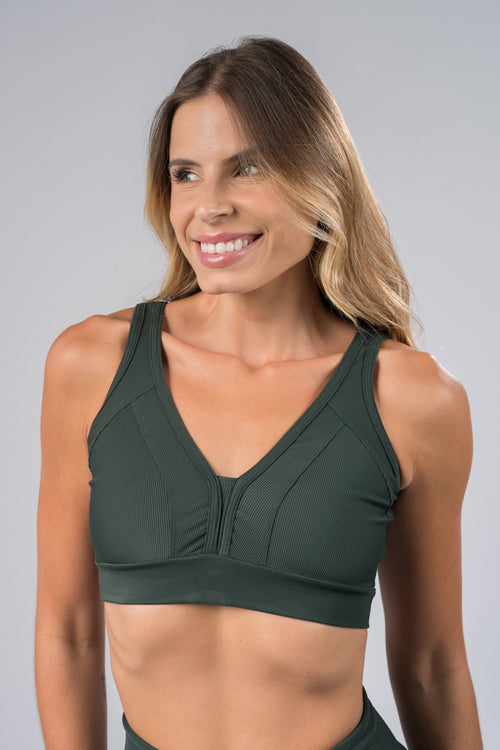 Top Decote em V Canelado Fosco Verde Musgo