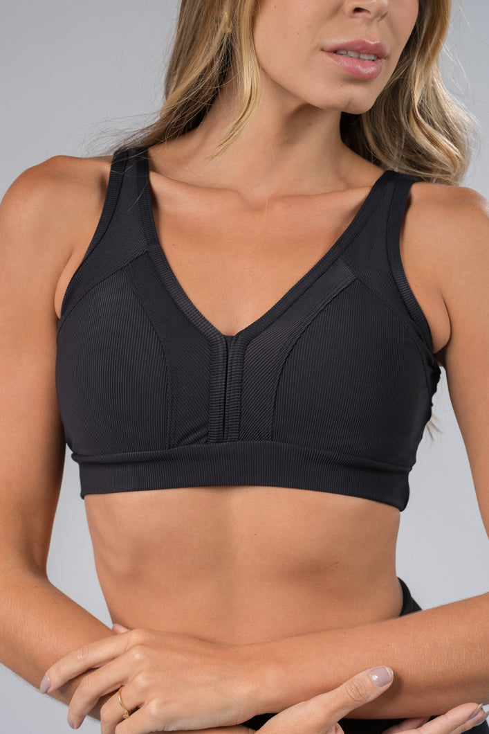 Top Decote em V Canelado Fosco Preto