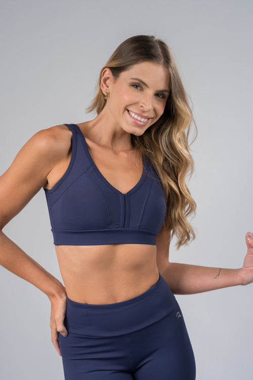 Top Decote em V Tecido Azul Marinho