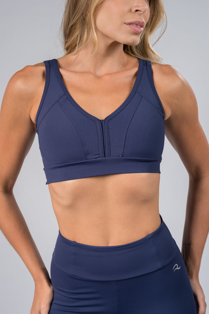 Top Decote em V Tecido Azul Marinho