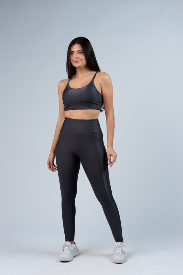 Legging Canelada com Brilho Cinza Chumbo