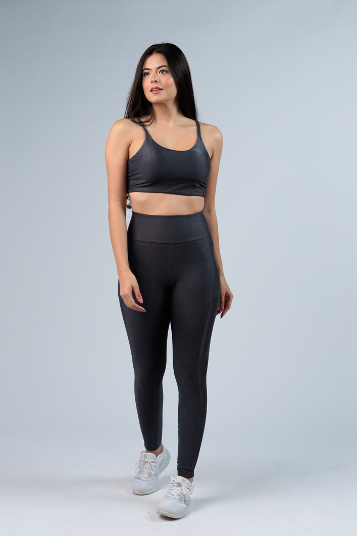 Legging Canelada com Brilho Cinza Chumbo